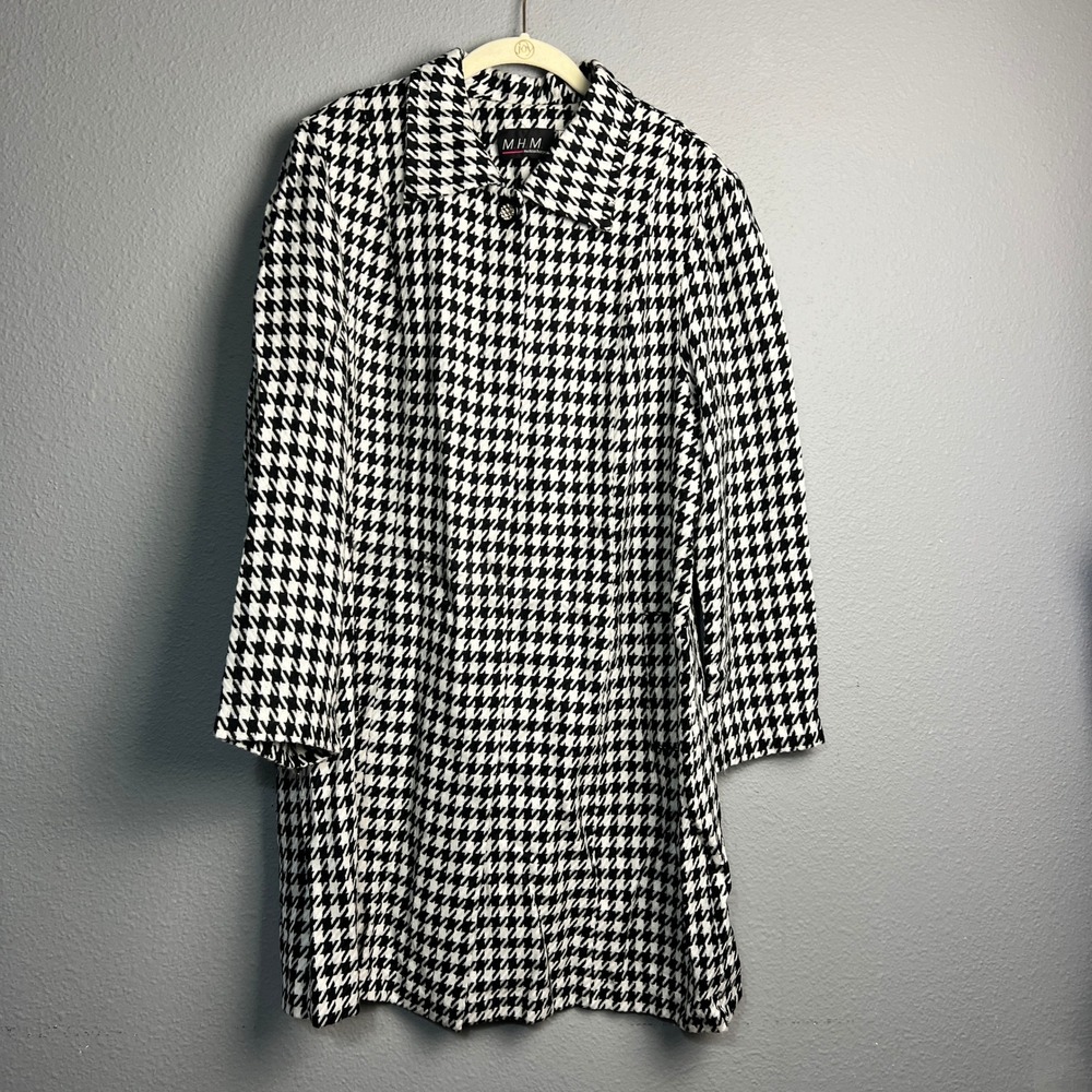 MHM Melissa Harper Houndstooth‎ Trench Winter Retro Coat Black White Size 14